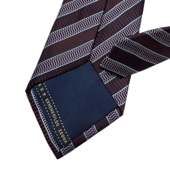 ERMENEGILDO ZEGNA Burgundy Striped Geometric Silk LUXURY Tie ITALY - Picture 4 of 4